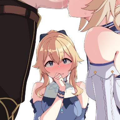 1boy, 2girls, aether (genshin impact), barbara (genshin impact), barbara (summertime sparkle) (genshin impact), bare shoulders, belt, blonde hair, blouse, blue blouse, blue eyes, blush, breasts, casual, censored