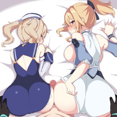 1boy, 1boy2girls, 2girls, aether (genshin impact), ass grab, barbara (genshin impact), bed, belt, big ass, blonde hair, blush, bracelets, dress, genshin impact, gloves