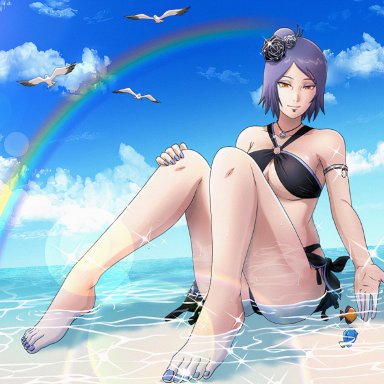 1girls, armband, bare shoulders, barefoot, beach, bent knees, big breasts, big feet, bird, black bikini, blue hair, blue sky, breasts, center opening, cleavage