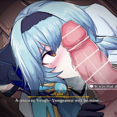 1boy, 1boy1girl, aether (genshin impact), big breasts, blue hair, blush, boots, cleaning cock, cum, dialogue, eula (genshin impact), eyes, female, floor, genshin impact