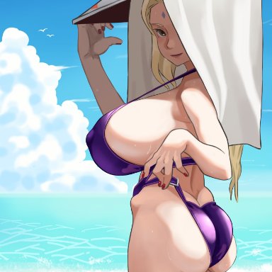 1girls, absurdres, ass, big breasts, bikini, blonde hair, blue sky, blush, bodily fluids, breasts, brown eyes, cleavage, clouds, colored nails, facial mark