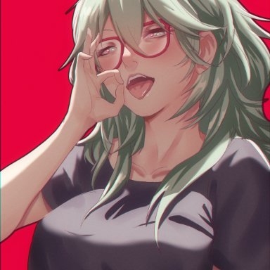 1girls, byleth (fire emblem), byleth (fire emblem) (female), fellatio gesture, fire emblem, fire emblem: three houses, gesture, glasses, green eyes, green hair, large breasts, medium hair, nintendo, open mouth, open smile