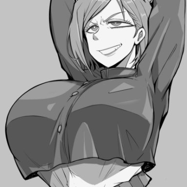 1girls, arms up, big breasts, breasts, cosmic kani, greyscale, hand on head, huge breasts, jujutsu kaisen, kugisaki nobara, large breasts, monochrome, short hair