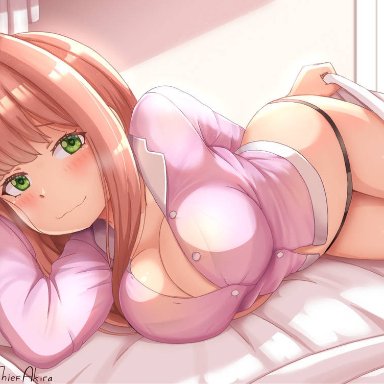 aster-effect, bed, big breasts, blush, doki doki literature club, inviting, monika (doki doki literature club), panties, seductive, undressing