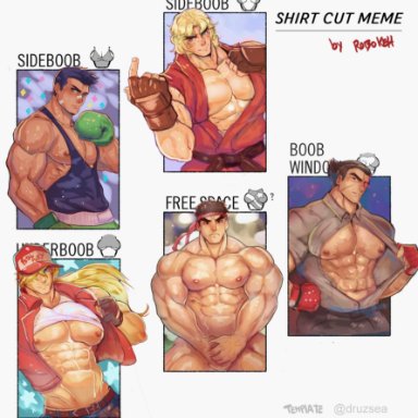 abs, bara, big muscles, black hair, blonde hair, boob window, cap, capcom, completely nude, covering crotch, gay, kazuya mishima, ken masters, king of fighters, little mac