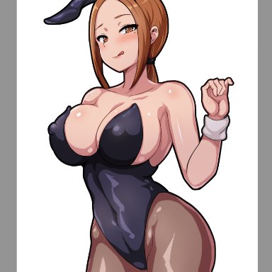 1girls, 2020, :q, aged up, alternate version available, barefoot, beauty mark, big breasts, black leotard, black pantyhose, breasts, brown eyes, brown hair, bunny ears, bunny girl