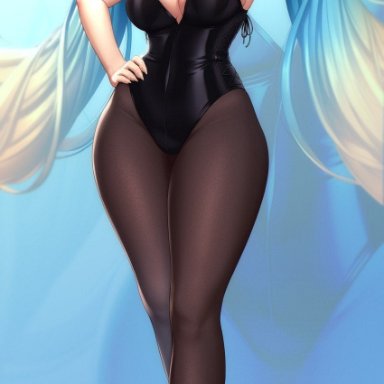 armpits, big breasts, big hair, big hips, blue eyes, blue hair, blush, breasts, bunnysuit, eyelashes, eyeliner, feet, footwear, hair clips, high