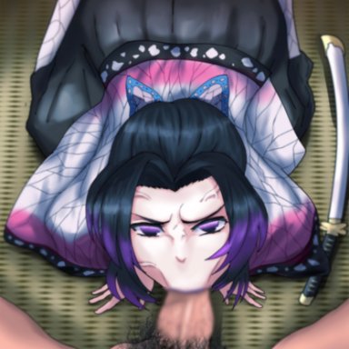 :>=, angry, black hair, blowjob, blowjob face, butterfly hair ornament, demon slayer, eye contact, female, female focus, kimetsu no yaiba, kochou shinobu, male, oral, penis