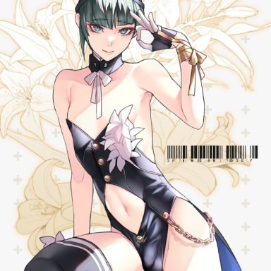 1boy, 2021, atlus, ban, bare shoulders, belly, black legwear, blue eyes, bulge, bunny boy, bunny ears, bunnysuit, crossdressing, cutout, eyebrows visible through hair