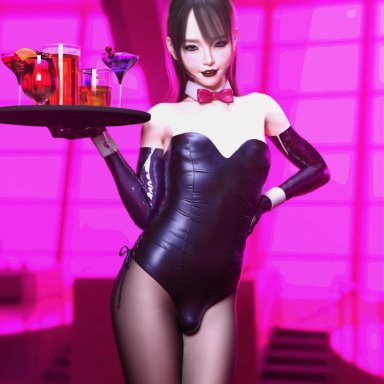 1boy, 3d, 3d (artwork), asian, blue eyes, bulge, bunnysuit, crossdressing, femboy, feminization, flat chest, focus, latex gloves, makeup, male only