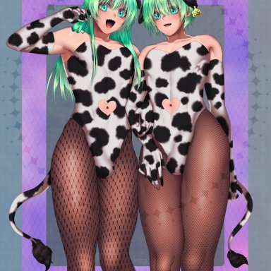 2021, 2boys, balls, balls in leotard, bare shoulders, bulge, closed mouth, cow ears, cow horns, cow print, cow print armwear, cow print leotard, cow tail, crossdressing, eyebrows