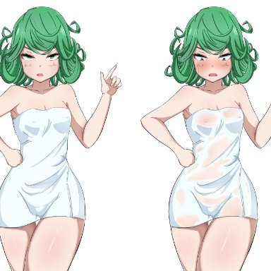 1girls, blush, eye contact, female, green eyes, green hair, looking at viewer, nipples, one-punch man, rubikuchipa, short hair, solo, standing, tatsumaki, thick thighs