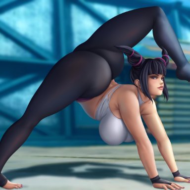 1girls, ass, big ass, black hair, capcom, dat ass, female, female focus, female only, flexible, flowerxl, juri han, leggings, purple eyes, solo