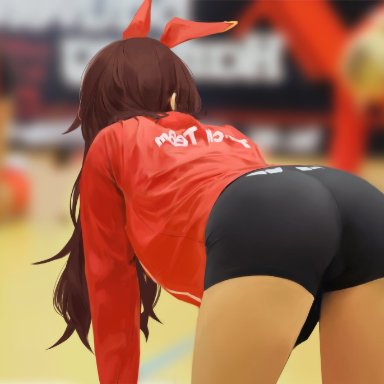 1girls, amber (genshin impact), ass, ass focus, back, back view, bent over, brown hair, dat ass, female focus, from behind, genshin impact, hi res, hiki niito, jacket