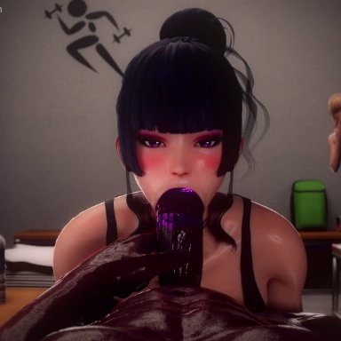 1boy, 1girls, 3d, animated, asian, asian female, big penis, black hair, blender, blonde hair, blowjob, blush, bouquetman, dark-skinned male, dark skin