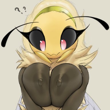 adorable, bee, bee girl, cute, cute face, eyelashes, female, female only, huge breasts, looking down, pink eyes, pressed boobs, question mark, solo, solo female