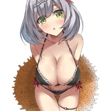 ass visible through thighs, bare shoulders, bikini, black bikini, braid, breasts, cleavage, collarbone, commentary request, covering nipples, female, flower, frilled bikini, frills, genshin impact