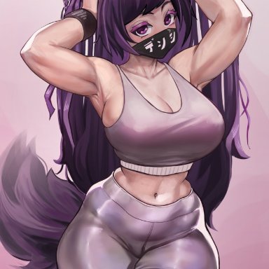 1girls, absurd res, arms up, big breasts, clothed, curvy, face mask, female only, fit, fox ears, fox girl, fox tail, gakibaki, huge breasts, kemonomimi