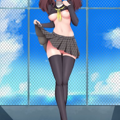 black legwear, black shoes, breasts, brown eyes, brown hair, kaos art, kujikawa rise, long hair, looking at viewer, no panties, persona, persona 4, persona 4 the golden, school rooftop, school uniform