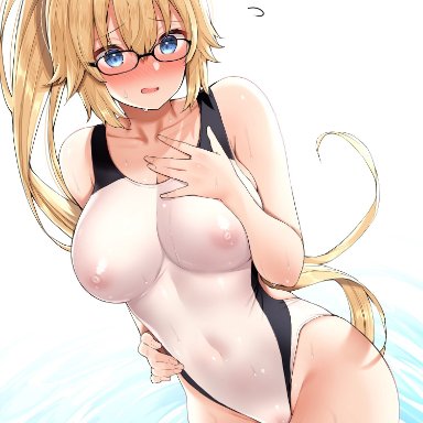 bangs, bare shoulders, blue eyes, blush, breasts, collarbone, competition swimsuit, fate/grand order, fate (series), female, flying sweatdrops, glasses, highleg, highleg swimsuit, highres
