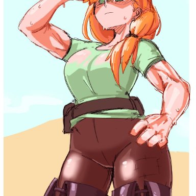 alex (minecraft), blank expression, boots, breasts, breasts visible through clothing, clothed, clothing, ginger, ginger hair, green shirt, hand on hip, minecraft, orange hair, pants, see through clothing