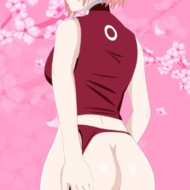 1girls, alternate breast size, artist request, ass, ass focus, bare arms, bare ass, bare legs, bare shoulders, big ass, blush, bottomless, breasts, butt crack, cherry blossoms