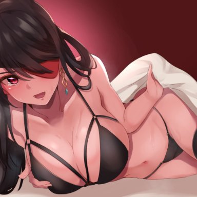 1girls, bed, bed sheet, beidou (genshin impact), bikini, breasts, brown hair, busty, cleavage, curvy, eyepatch, female, genshin impact, haneramu, hi res