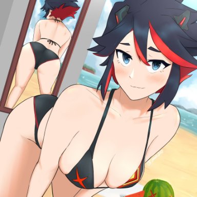 1girl, alternate costume, ass, beach, bent over, bikini, black hair, blue eyes, breasts, female, food, kill la kill, looking at viewer, matoi ryuuko, mirror