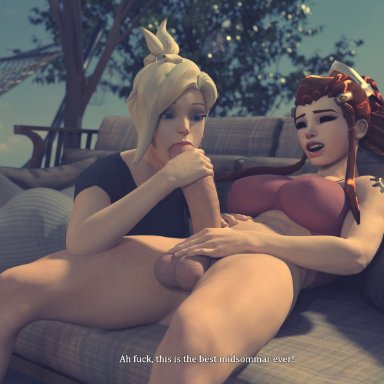 big penis, blowjob, bottomless, brigitte, couch, erojin, futanari, mercy, on couch, outside, overwatch, sex, tagme