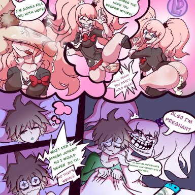 1boy, 1girls, cheating, cheating husband, clothed, clothing, comic, cum, cum in pussy, cum inside, danganronpa, impregnation, junko enoshima, loodie doodie, naegi makoto