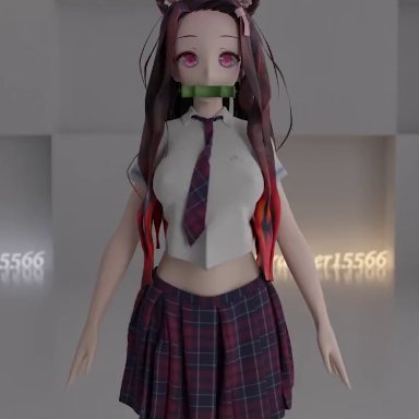 1boy, 1girl, 3d, animal ears, animated, ass, black hair, bouncing breasts, breasts, cat ears, dancing, demon slayer, hands on hips, hentai music video, high heels