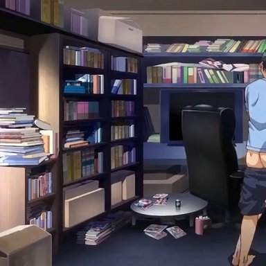 1boy, 1girl, against desk, anal, animated, ass, black hair, bouncing breasts, breasts, censored, clothed sex, collaboration works, cum, cum in ass, dildo