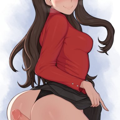 1boy, 1girls, afrobull, ass, balls, black panties, black underwear, blue eyes, blush, brown hair, buttjob, fate/stay night, fate (series), female, fully clothed