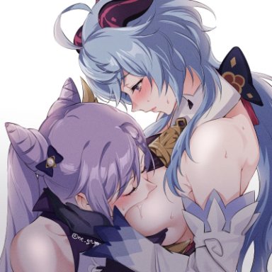 2girls, blush, breast grab, breast sucking, breasts, closed eyes, cowbell, drinking, female, female only, ganyu (genshin impact), genshin impact, goat horns, keqing (genshin impact), negom