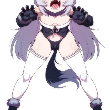 1boy, ain(in), animal ears, balls, bulge, eye contact, femboy, girly, gloves, long hair, looking at viewer, male, orange eyes, original, penis bulge