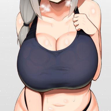 1girls, 2021, absurd res, arm up, belly button, black shorts, black tank top, bloomers, blush, blushing profusely, breasts, cleavage, closed eyes, female, female focus