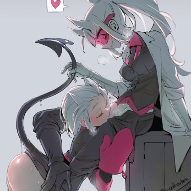 2girls, absurdres, ass, black footwear, black neckwear, black pants, blush, boots, closed eyes, closed mouth, cunnilingus, demon girl, demon tail, gloves, goggles