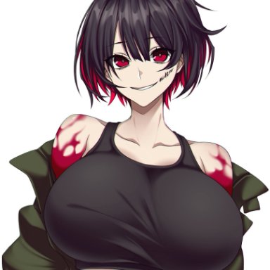 big breasts, black hair, busty, camui kamui, crazy, crazy eyes, crazy girl, crazy smile, cute, exposed shoulders, exposed stomach, huge breasts, large breasts, looking at viewer, red eyes