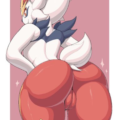 ass, big ass, cinderace, female, female only, furry, hands on hips, large ass, looking at viewer, looking back, multicolored fur, orange eyes, orange fur, pata, pokémon (species)