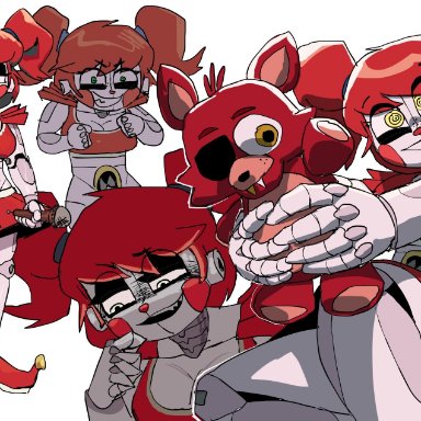 animatronic, big breasts, bottomless, circus baby, cleavage, clown, clown girl, ennui, fazbear & friends, five nights at freddy's, foxy (fnaf), plush foxy (fnaf), plushie, robot, robot girl