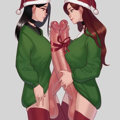 2futas, balls, big balls, black hair, bottomless, breasts, brown hair, choker, clothed, clothing, degeneratepai, dickgirl, duo, erection, futa on futa