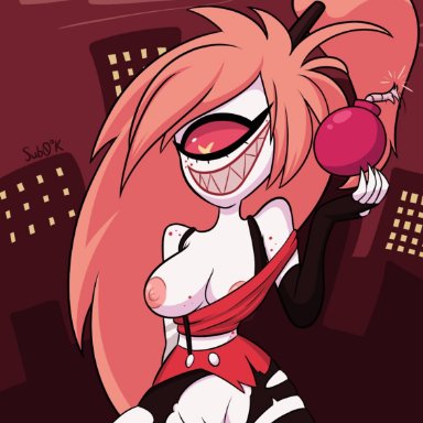 2021, animated, background, bomb, bouncing breasts, breasts, cherri bomb (hazbin hotel), cowgirl position, cyclops, elbow gloves, hazbin hotel, human, human penetrating, nipples, partially clothed