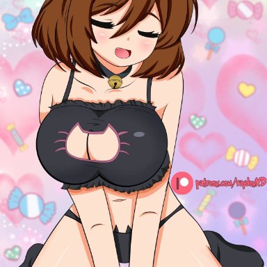 bell, belly, belly button, big breasts, black panties, blush, boob window, breasts, brown hair, cat ears, cat girl, closed eyes, collar, collarbone, frills