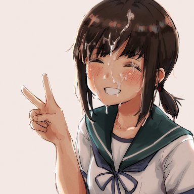 backlighting, blush, brown hair, closed eyes, collarbone, commentary request, cum, cum on hair, emonyu, facial, female, fubuki (kancolle), grin, hand up, highres