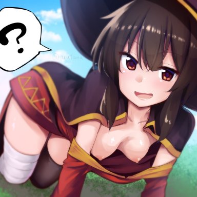 ?, all fours, bandaged leg, bandages, bangs, black cape, black headwear, black legwear, blue sky, blush, breasts, brown footwear, brown hair, cape, chipa (arutana)