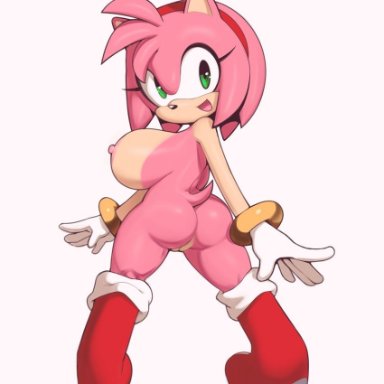 amy rose, anthro, areola, ass, big breasts, breasts, bubble butt, eulipotyphlan, female, genitals, green eyes, happy, hedgehog, hi res, huge breasts