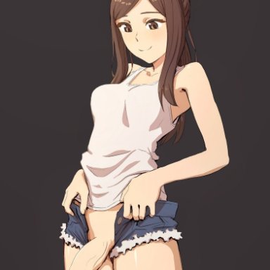 1futa, exposed penis, futa only, futanari, jean shorts, large penis, medium breasts, original, original character, smiling, solo futa, tagme, tank top, uncircumcised, zoryc