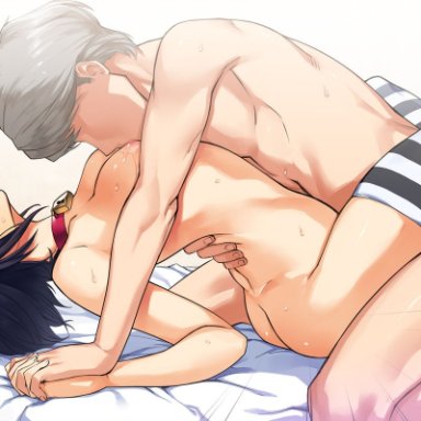 1boy, arched back, ass, bed, bed sheet, black hair, blue eyes, blush, boy on top, breast sucking, breasts, choker, cleavage, closed eyes, feet up