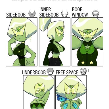 :3, breast grab, cartoon network, cleavage, cleavage cutout, from behind, gem, green eyes, green skin, lapis lazuli (steven universe), peridot (steven universe), shirt cut meme, sideboob, smile, steven universe