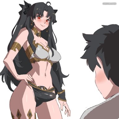 1boy, 1futa, ahoge, areolae, big penis, bikini, black hair, blush, breasts, bulge, bwc, cleavage, clothed, clothing, dickgirl